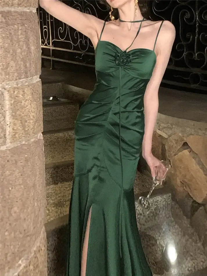Luolandi Elegant Mermaid Spaghetti Straps Green Satin Party Evening Dress Lovely Prom Dress Stylish Graduation Dress