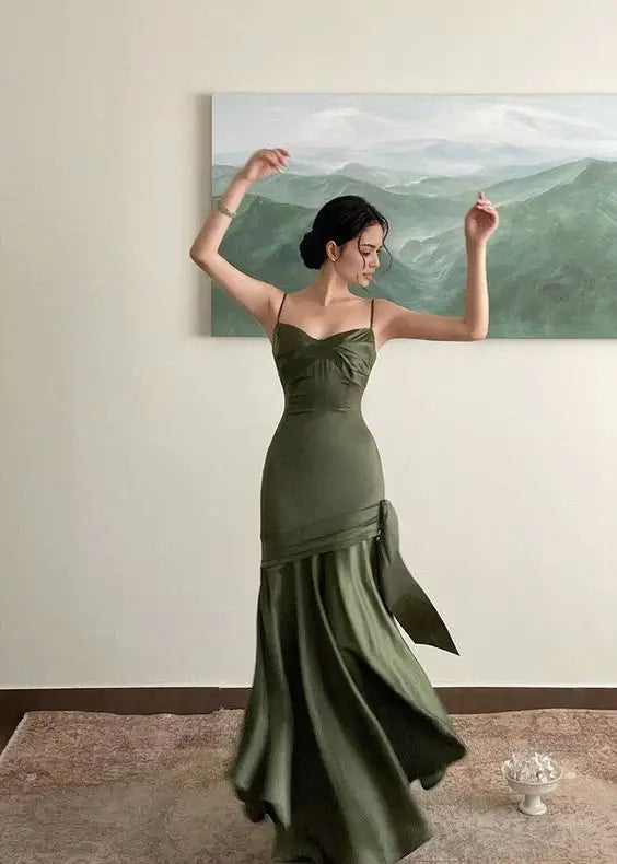 Luolandi Elegant Mermaid Spaghetti Straps Party Evening Dress Lovely Green Satin Formal Prom Dress Sweet Graduation Dress