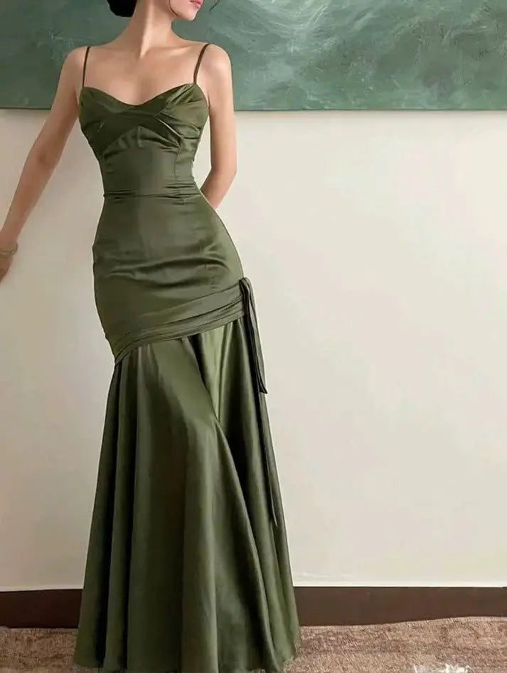 Luolandi Elegant Mermaid Spaghetti Straps Party Evening Dress Lovely Green Satin Formal Prom Dress Sweet Graduation Dress