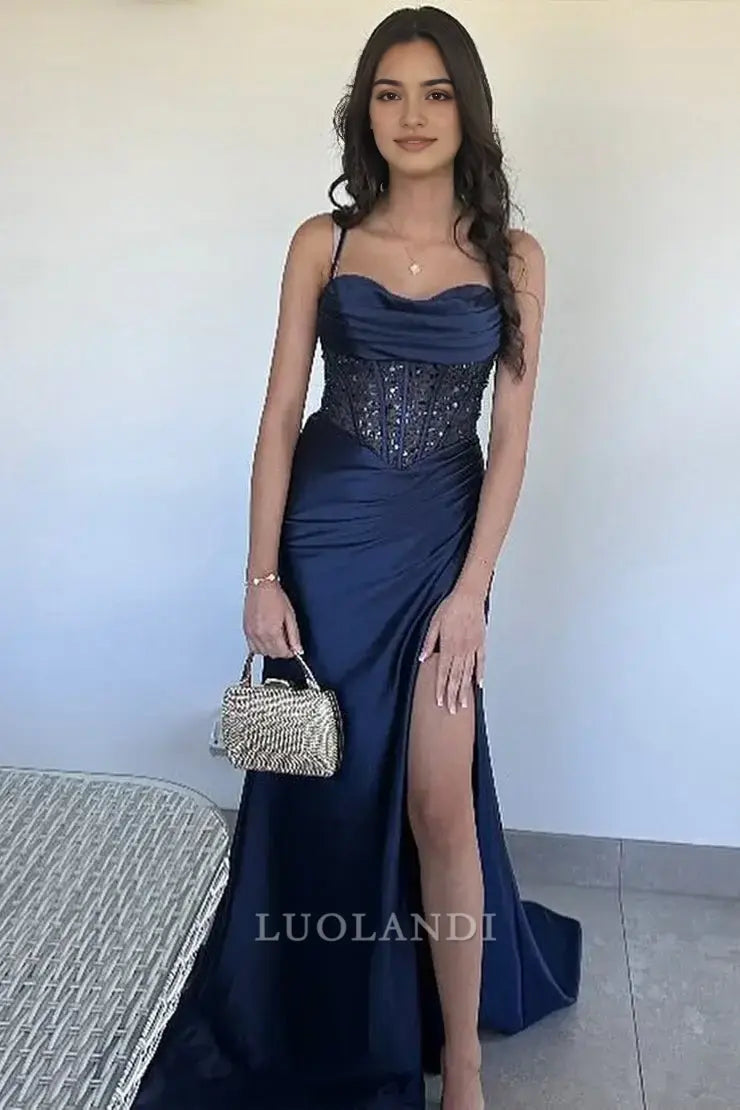 Luolandi Elegant Mermaid Spaghetti Straps Sleeveless Long Formal Prom Dress With Slit Charming Party Evening Gown Sexy Graduation Dress