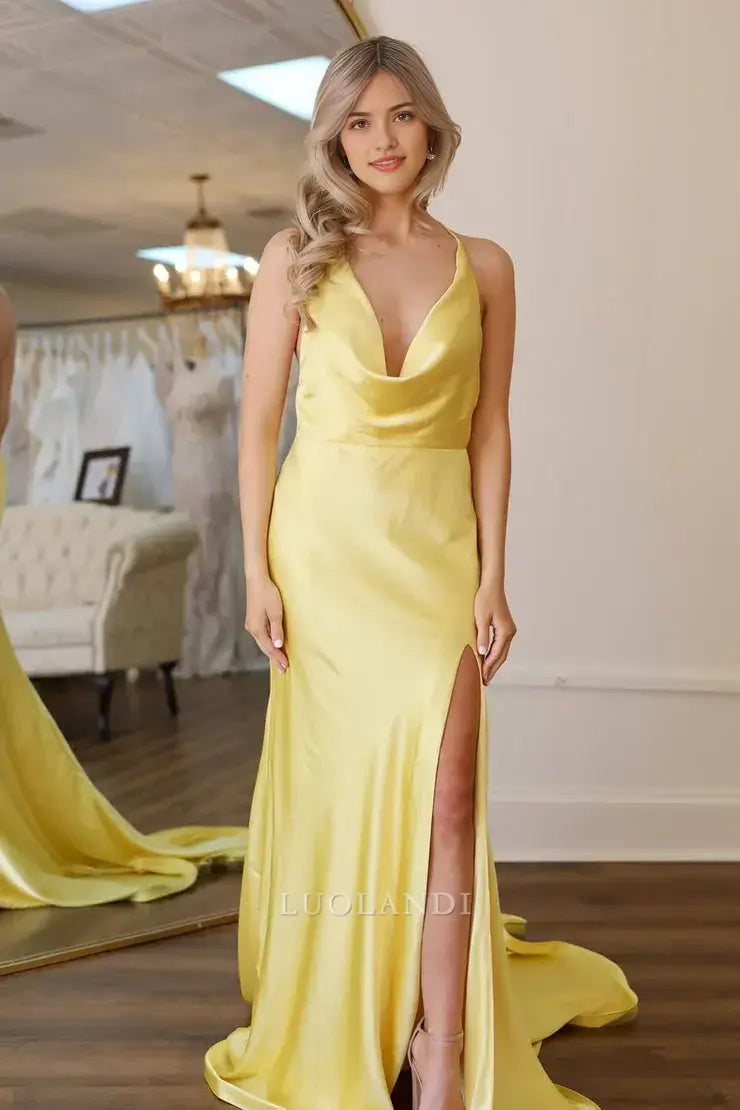 Luolandi Elegant Mermaid Spaghetti Straps Yellow Satin Long Prom Dresses With Slit Charming Party Evening Gowns Sweet Wedding Guest Dress