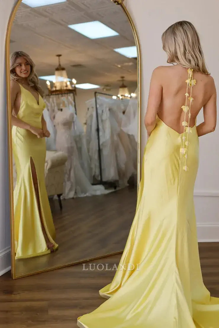 Luolandi Elegant Mermaid Spaghetti Straps Yellow Satin Long Prom Dresses With Slit Charming Party Evening Gowns Sweet Wedding Guest Dress