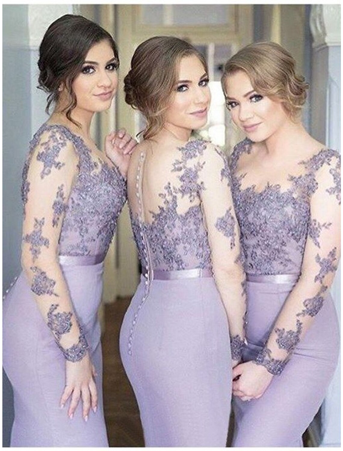 Luolandi Elegant Mermaid Bridesmaid Dress Long Sleeve Wedding Guest Party Dress with Appliques