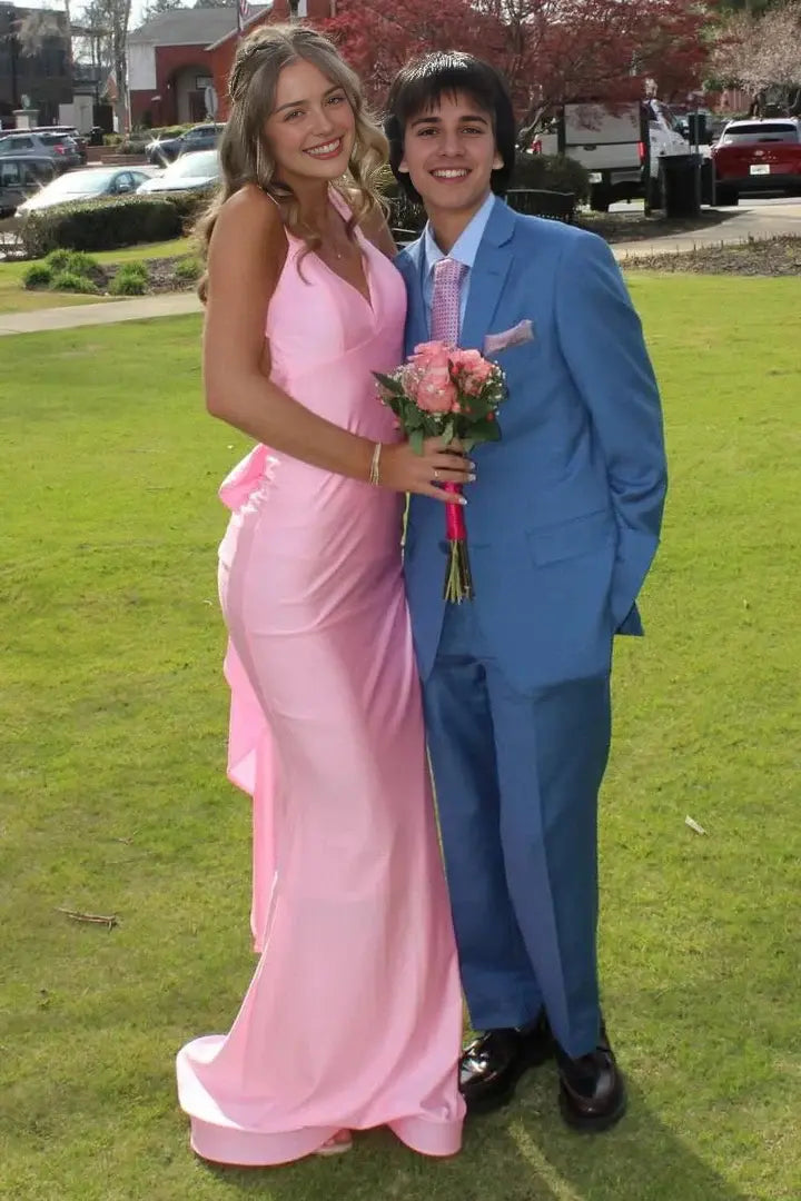 Luolandi Elegant Mermaid V-Neck Straps Backless Long Formal Prom Dress Pretty Sleeveless Party Evening Gown With Bow