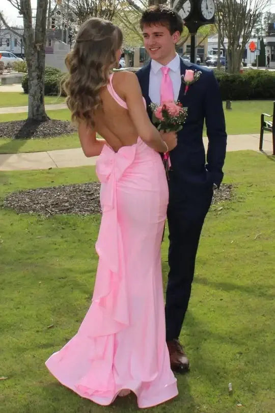 Luolandi Elegant Mermaid V-Neck Straps Backless Long Formal Prom Dress Pretty Sleeveless Party Evening Gown With Bow