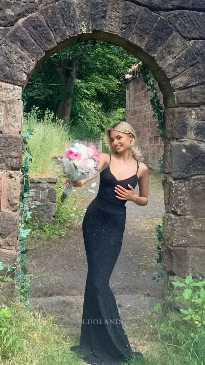 Luolandi Elegant Mermaid V-neck Sleeveless Party Evening Gown Black Long Formal Prom Dress Sexy Graduation Dress