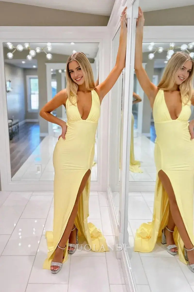 Luolandi Elegant Mermaid V Neck Yellow Long Formal Prom Dress with Slit Charming Party Evening Gown Sexy Graduation Dress