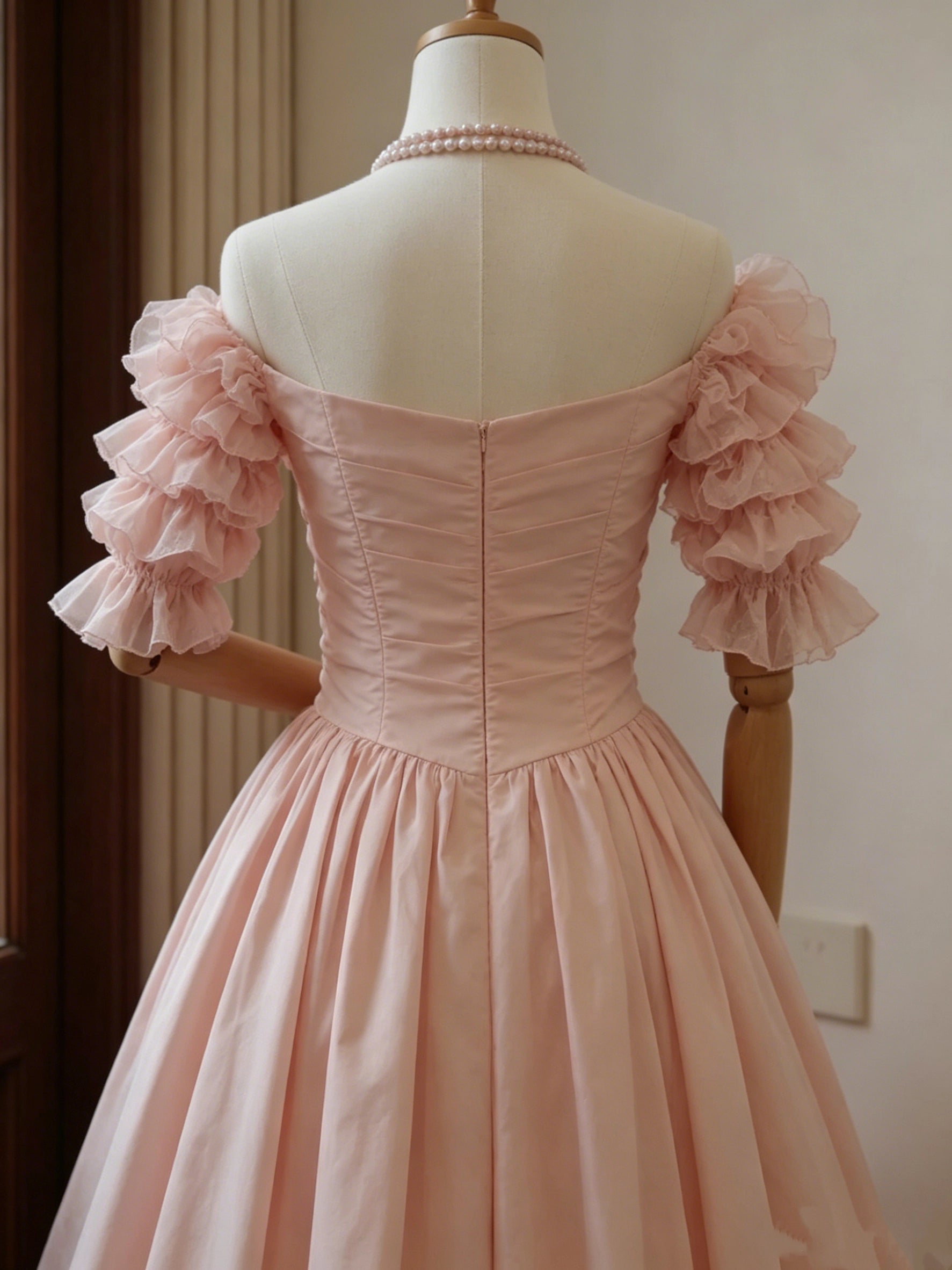 Luolandi Elegant Off-the-Shoulder A Line Ruffled Graduation Party Dress with Sleeves Chic Formal Prom Dress
