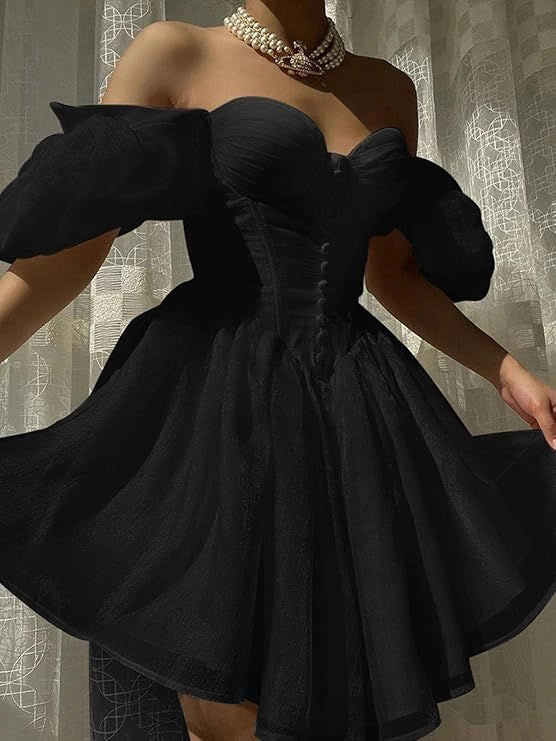 Luolandi Elegant Off The Shoulder Black A Line Short Formal Homecoming Dress Classy Summer Birthday Party Dress