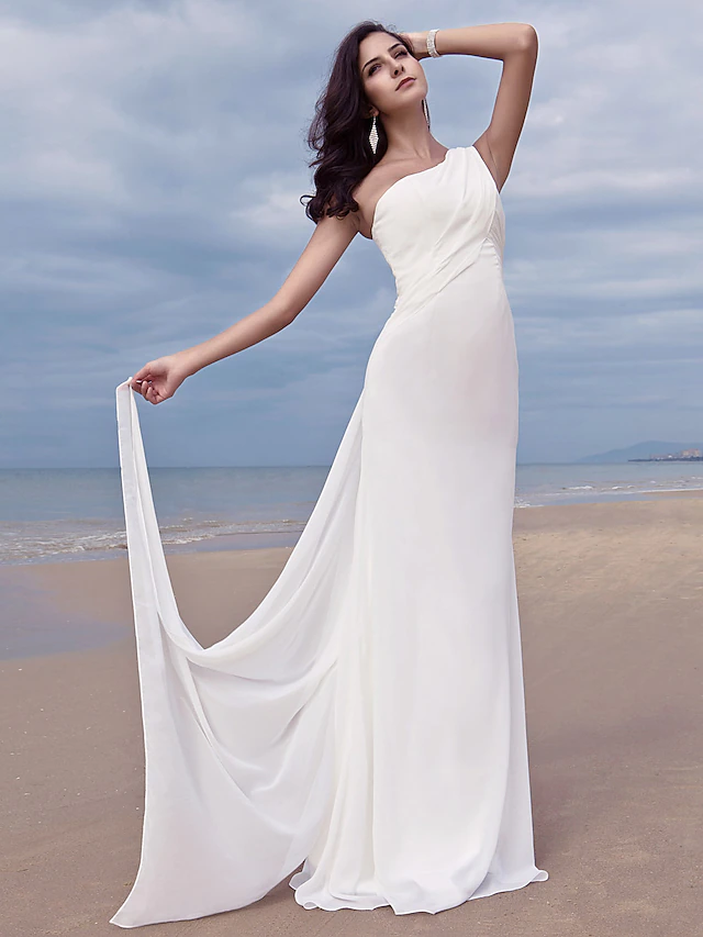Luolandi Elegant One Shoulder Chiffon Long Wedding Dresses Simple Bridal Gown Plus Size Party Dress