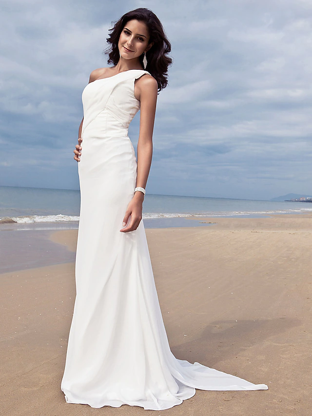 Luolandi Elegant One Shoulder Chiffon Long Wedding Dresses Simple Bridal Gown Plus Size Party Dress