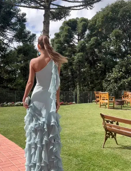 Luolandi Elegant One Shoulder Ruffles Long Formal Prom Dresses Charming Wedding Guest Dress Chic Evening Party Dress