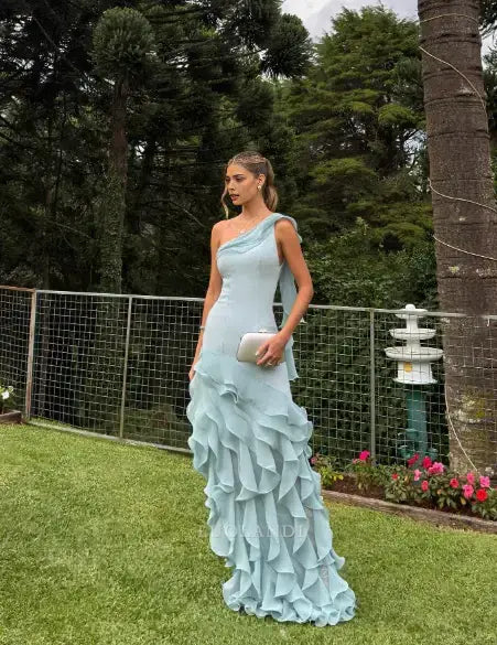 Luolandi Elegant One Shoulder Ruffles Long Formal Prom Dresses Charming Wedding Guest Dress Chic Evening Party Dress
