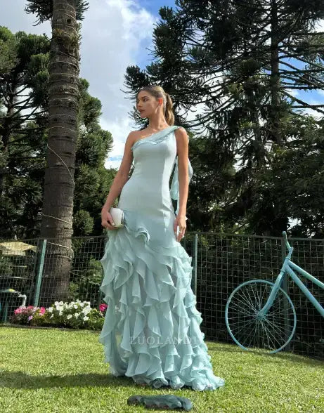 Luolandi Elegant One Shoulder Ruffles Long Formal Prom Dresses Charming Wedding Guest Dress Chic Evening Party Dress