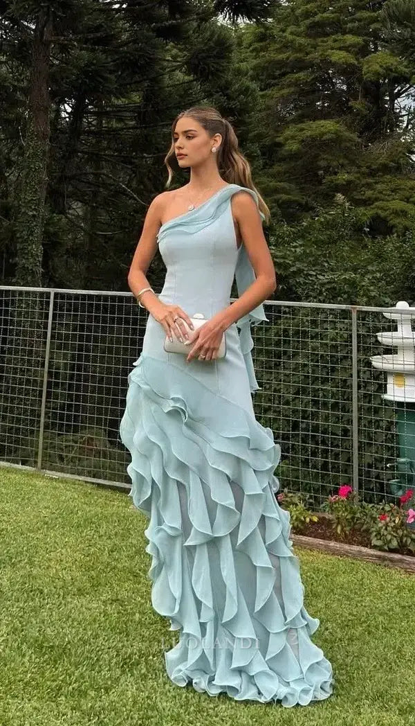 Luolandi Elegant One Shoulder Ruffles Long Formal Prom Dresses Charming Wedding Guest Dress Chic Evening Party Dress