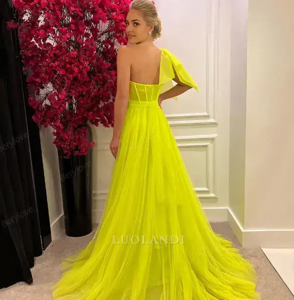 Luolandi Elegant A Line One Shoulder Sweetheart Floor-Length Tulle Prom Dresses Charming Evening Dress With Slit