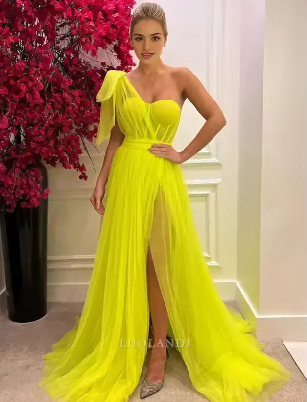 Luolandi Elegant A Line One Shoulder Sweetheart Floor-Length Tulle Prom Dresses Charming Evening Dress With Slit