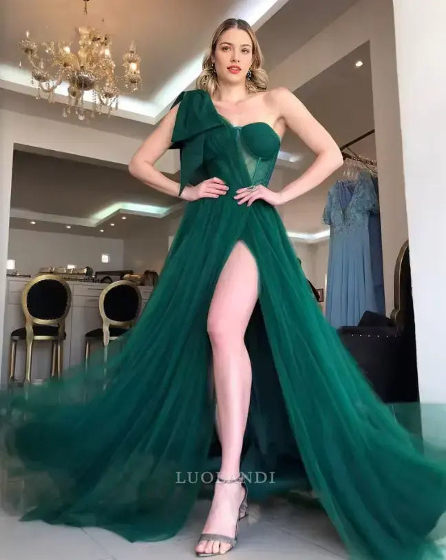 Luolandi Elegant A Line One Shoulder Sweetheart Floor-Length Tulle Prom Dresses Charming Evening Dress With Slit