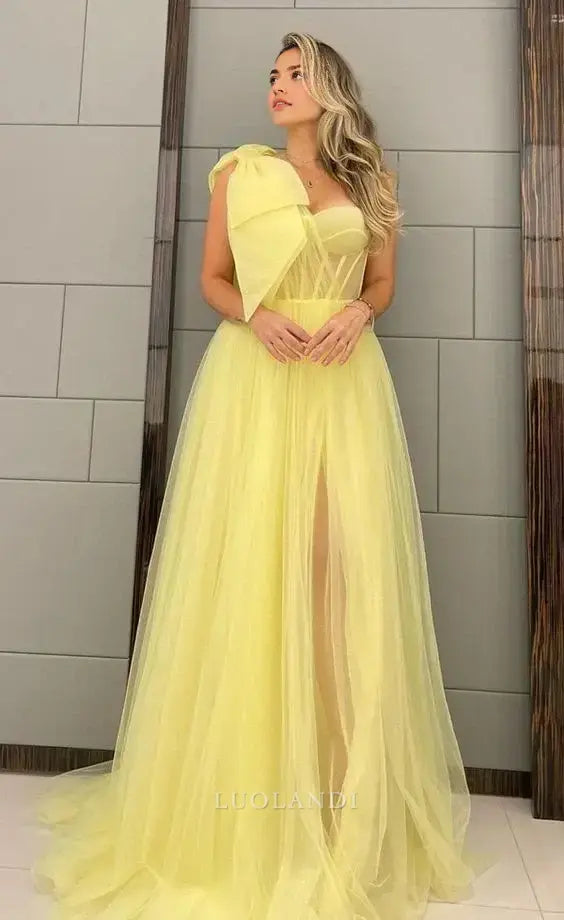 Luolandi Elegant A Line One Shoulder Sweetheart Floor-Length Tulle Prom Dresses Charming Evening Dress With Slit