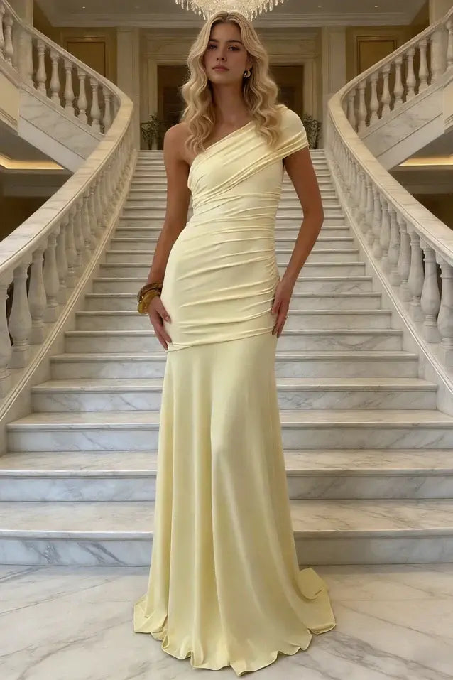 Luolandi Elegant One Shoulder Yellow Mermaid Wedding Guest Dress Fashion Long Party Prom Dress