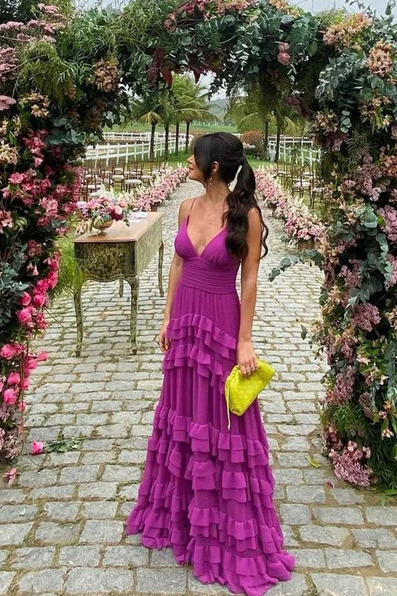 Luolandi Elegant Purple Spaghetti Straps A-Line Layers Long Formal Prom Dress Charming Evening Party Dress