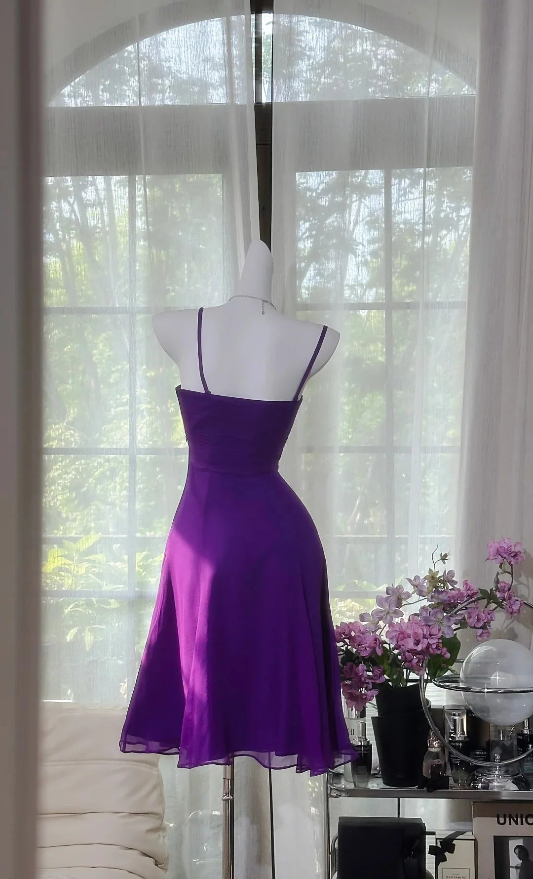Luolandi Elegant Purple Spaghetti Straps Sleeveless Party Prom Dress Lovely Homecoming Dress