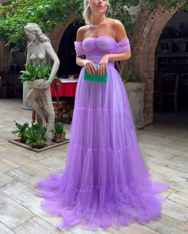 Luolandi Elegant Purple Tulle A-Line Off Shoulder Long Prom Dress Charming Evening Party Dress