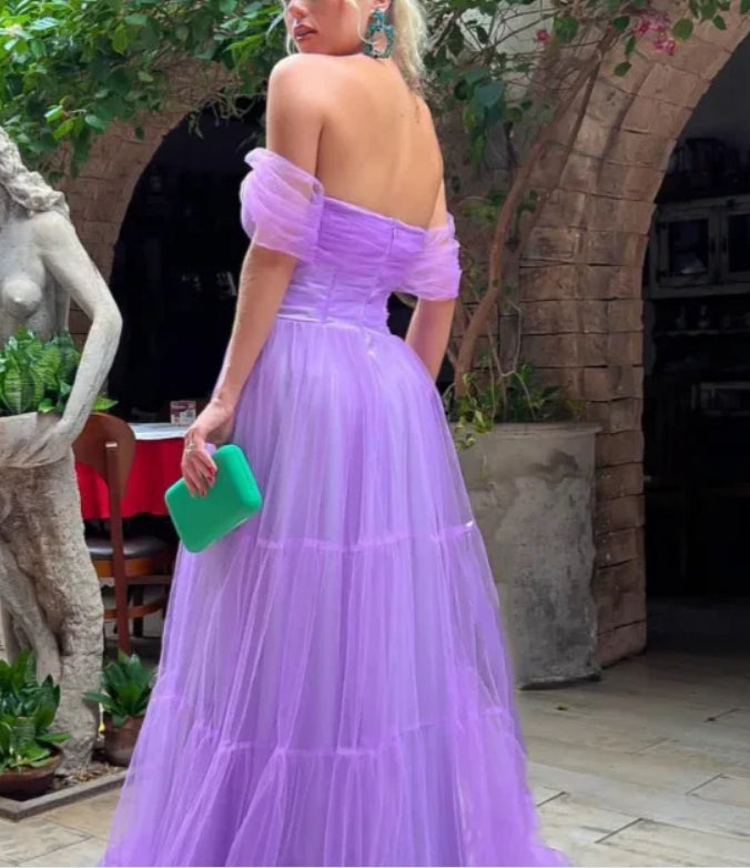 Luolandi Elegant Purple Tulle A-Line Off Shoulder Long Prom Dress Charming Evening Party Dress
