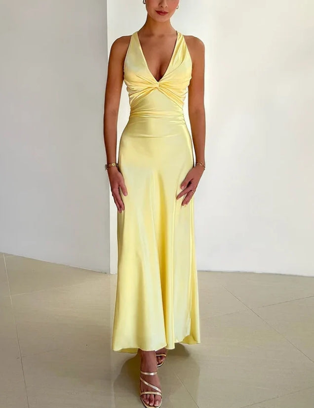 Luolandi Elegant Purple V Neck Long Prom Dress Sexy Sleeveless Formal Dress Yellow Satin Party Evening Gowns