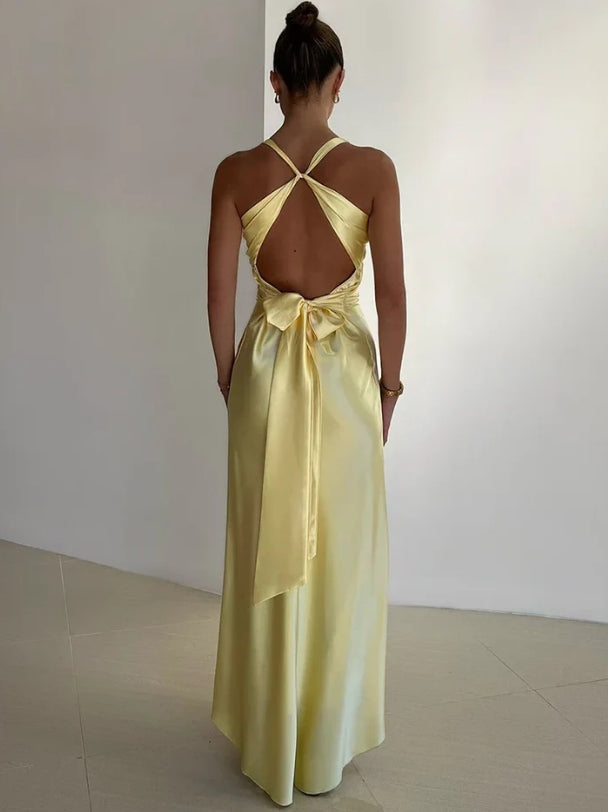 Luolandi Elegant Purple V Neck Long Prom Dress Sexy Sleeveless Formal Dress Yellow Satin Party Evening Gowns