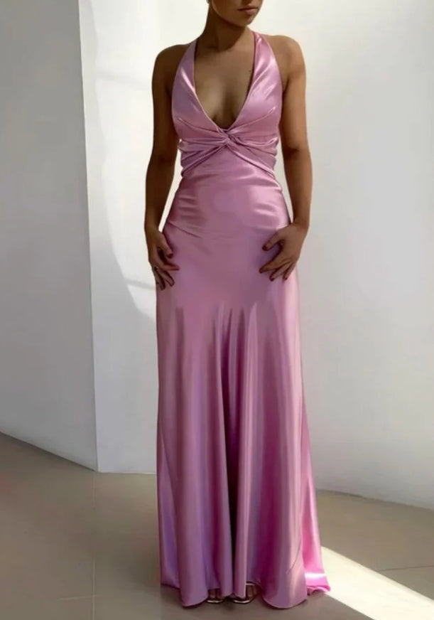 Luolandi Elegant Purple V Neck Long Prom Dress Sexy Sleeveless Formal Dress Yellow Satin Party Evening Gowns