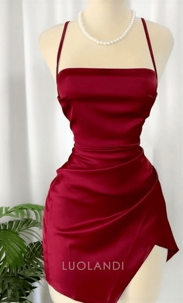 Luolandi Elegant Sheath Satin Spaghetti Straps Ruched Sleeveless Short Homecoming Dresses