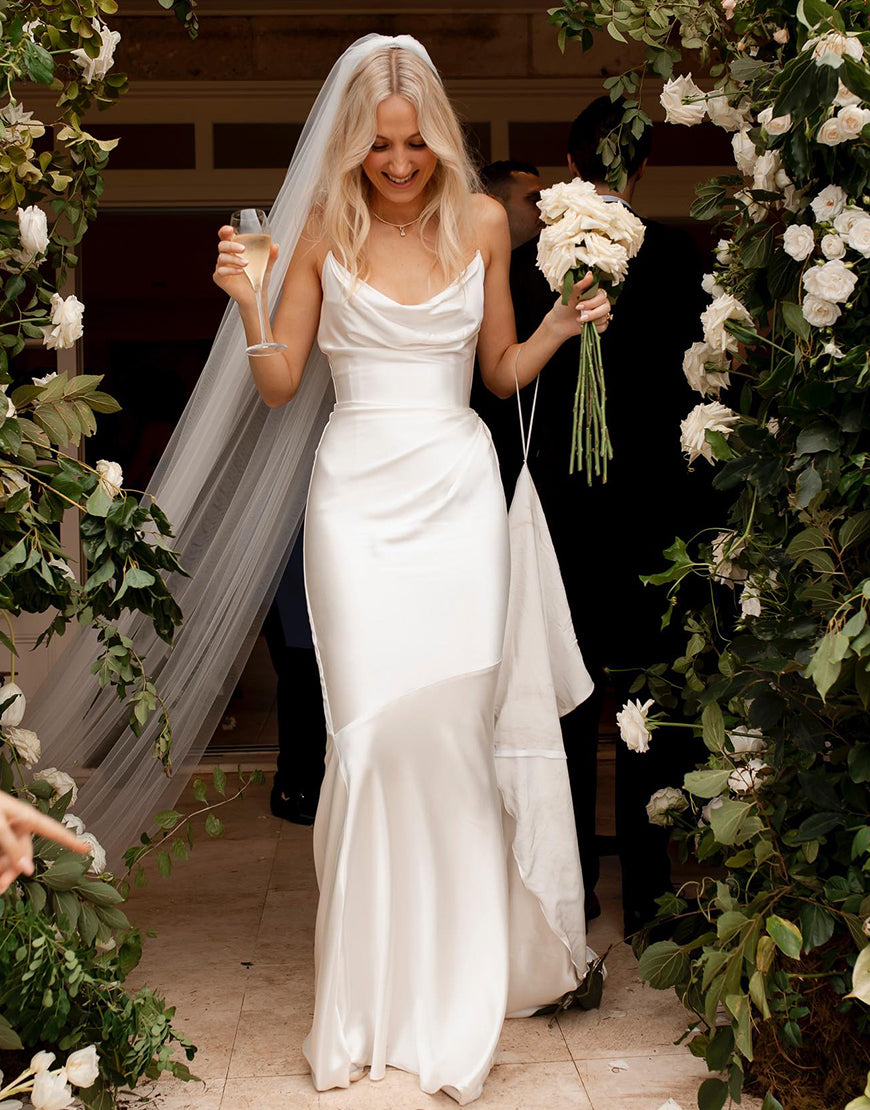 Luolandi Elegant Sheath Cowl Neck Vintage Satin Long Wedding Dress Simple Bridal Gown