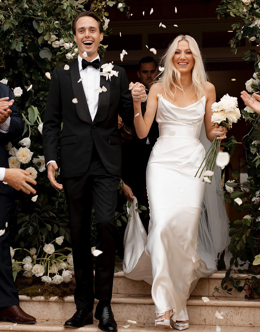 Luolandi Elegant Sheath Cowl Neck Vintage Satin Long Wedding Dress Simple Bridal Gown