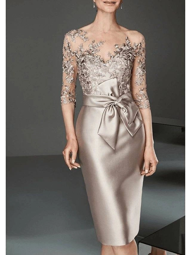Luolandi Elegant Sheath Mother of the Bride Dress Knee Length Wedding Guest Dress with Appliques