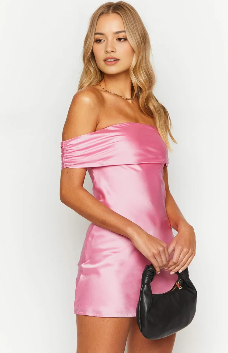Luolandi Elegant Sheath Off-Shoulder Draped Back Bow Satin Short Party Homecoming Dress
