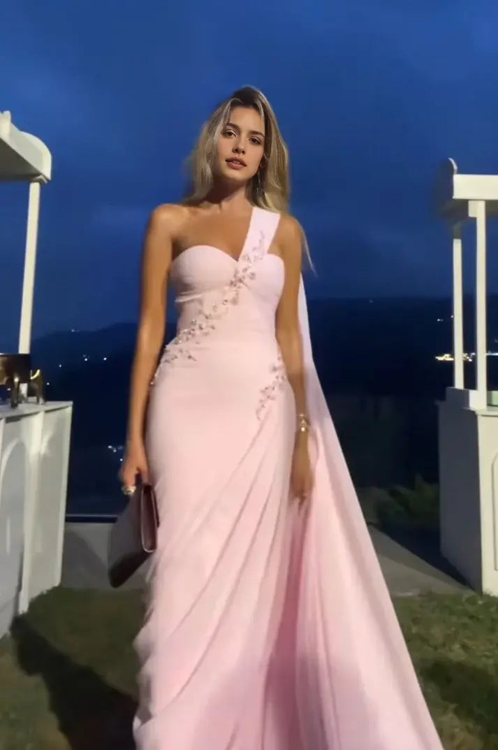 Luolandi Elegant Sheath One Shoulder Pleated Sleeveless Wedding Guest Party Dress Charming Long Formal Prom Dress