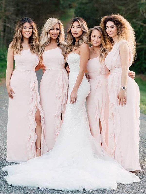 Luolandi Elegant Sheath One Shoulder Sleeveless Ruffle Bridesmaid Dress Sweet Party Evening Gown With Side Slit