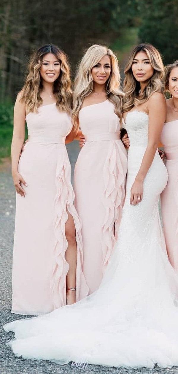 Luolandi Elegant Sheath One Shoulder Sleeveless Ruffle Bridesmaid Dress Sweet Party Evening Gown With Side Slit