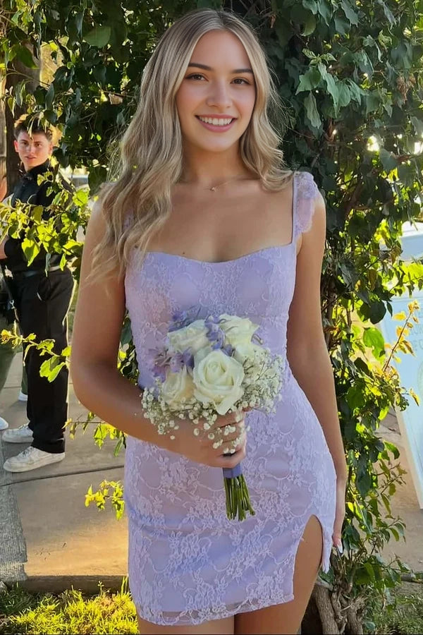 Luolandi Elegant Sheath Sleeveless Ruffle Strap Lace Sweet Short Homecoming Dress With Slit