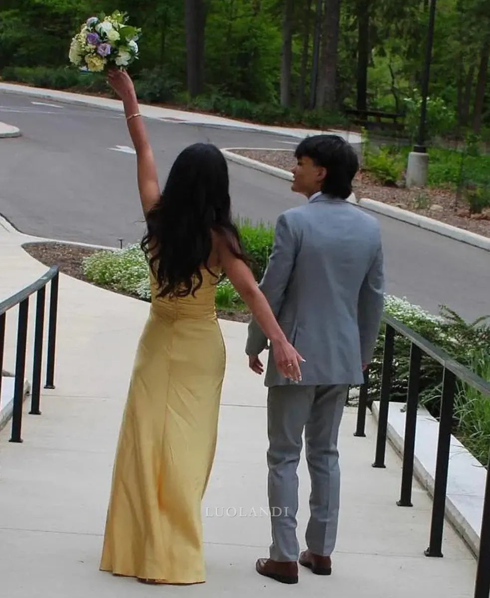 Luolandi Elegant Strapless Sleeveless Satin Long Formal Prom Dress Charming Party Evening Gown Sexy Graduation Dress