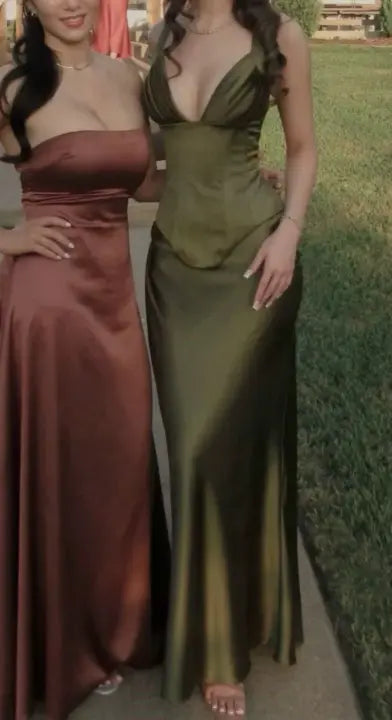 Luolandi Elegant Sheath V-neck Sleeveless Green Satin Long Formal Prom Dress Classy Party Evening Gowns