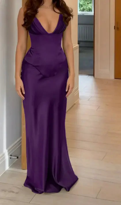 Luolandi Elegant Sheath V-neck Sleeveless Green Satin Long Formal Prom Dress Classy Party Evening Gowns