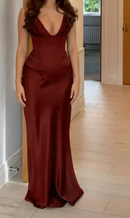 Luolandi Elegant Sheath V-neck Sleeveless Green Satin Long Formal Prom Dress Classy Party Evening Gowns