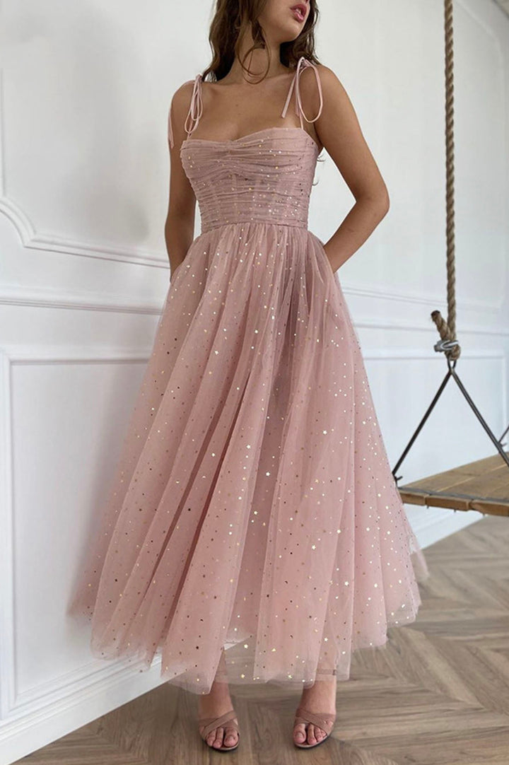 Luolandi Elegant Spaghetti Strap Tulle Prom Dress A-Line Homecoming Dress Sparkly Birthday Party Dress