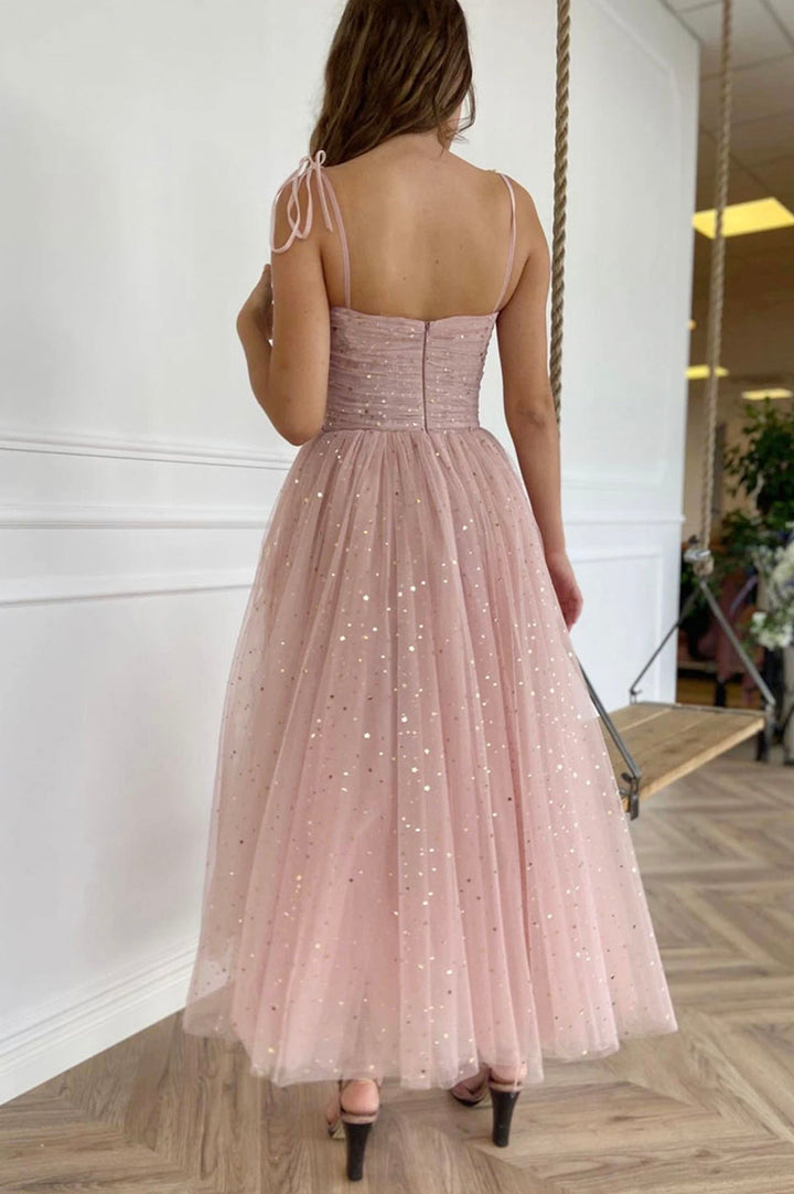 Luolandi Elegant Spaghetti Strap Tulle Prom Dress A-Line Homecoming Dress Sparkly Birthday Party Dress