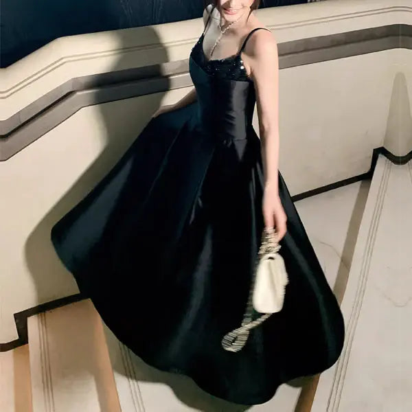 Luolandi Elegant Spaghetti Straps A Line Sleeveless Black Evening Party Dress Classy Formal Prom Dress