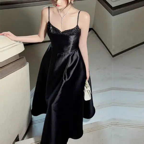 Luolandi Elegant Spaghetti Straps A Line Sleeveless Black Evening Party Dress Classy Formal Prom Dress