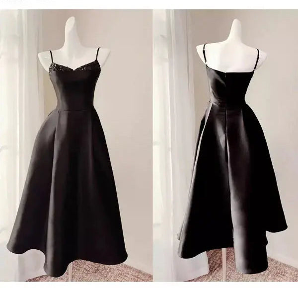 Luolandi Elegant Spaghetti Straps A Line Sleeveless Black Evening Party Dress Classy Formal Prom Dress