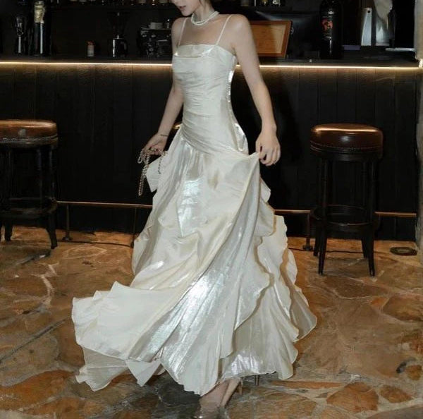 Luolandi Elegant Spaghetti Straps Sleeveless Ruffles Formal Prom Dress Charming Party Evening Gown